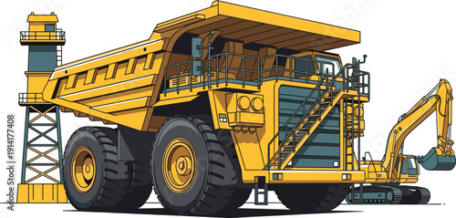 Yellow mining dump truck and excavator with control tower heavy equipment machinery