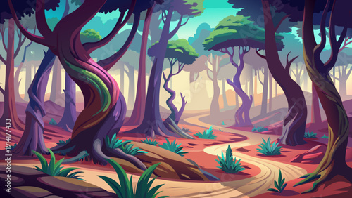 Very beautiful twisted forest landscape in Hoia Baciu, with curved tree trunks and soft fog creating a surreal natural scene.