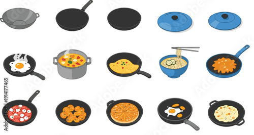 Cooking Pan and Frying Skillet Vector Set Featuring Pots, Lids, Noodles, Eggs, Pizza, and Home Kitchen Meal Preparation Scenes