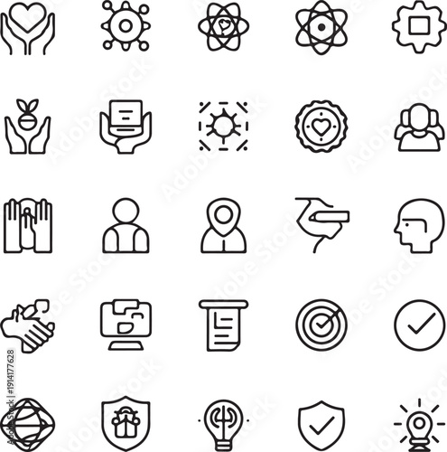 Core Values thin line icons set. Core Values, Integrity, Innovation, Growth, Goal, Trust, Teamwork, Customers, Ethics, Motivation, Vision editable stroke icon.