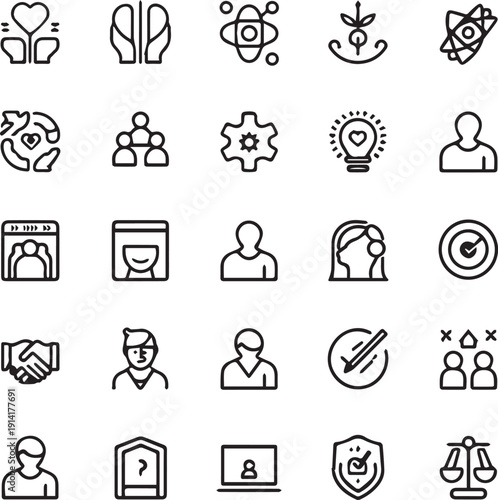 Core values line icons. Integrity, Target purpose and Strategy. Trust handshake, social responsibility, commitment goal icons. Linear set.