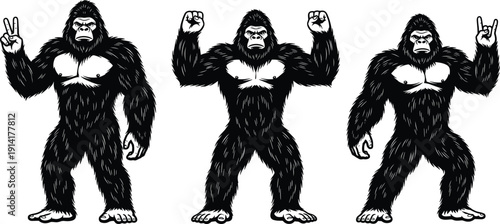 Black and white cartoon gorilla set with different hand gestures including peace sign, flexing pose and rock gesture isolated on gray background illustration