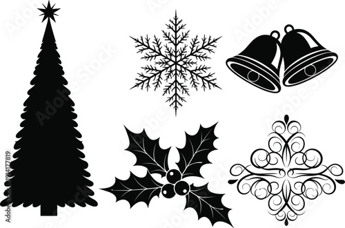 Black and White Christmas Elements Set with Tree, Snowflake, Bells, Holly and Ornamental Decoration Vector Illustration for Winter Holiday Design Seasonal Graphic Collection
