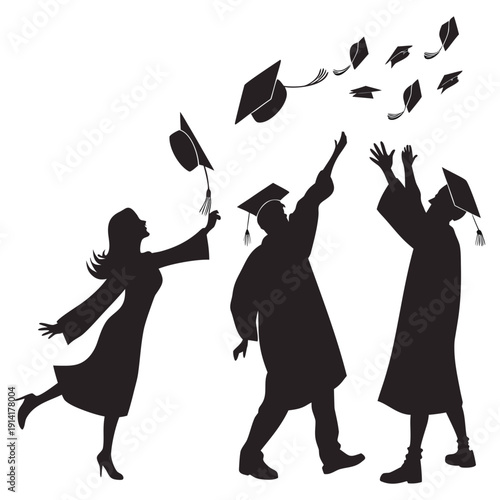 Black silhouettes of graduates throwing caps graduation