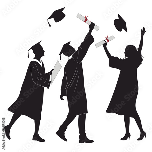Black silhouettes of graduates throwing caps and holding diplomas 1