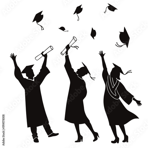 Black silhouettes of graduates throwing caps and diplomas 1