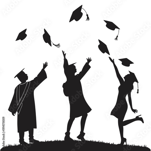 Black silhouettes of graduates throwing caps in air on grass