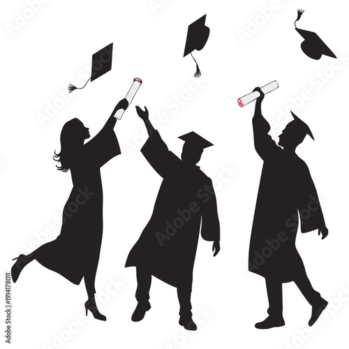 Black silhouettes of graduates throwing hats and diplomas