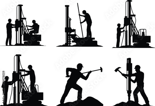 Vector, Illustration, Set, of, Industrial, Workers, Operating, Drilling, Machinery, for, Construction, Mining, Identity, Branding, Foundation, Engineering, 
