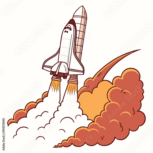 Cartoon style white space shuttle launching with orange smoke