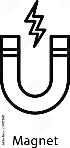 A simple black line drawing of a magnet with a lightning bolt above it on a white background