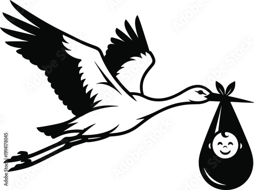 Black and white stork carrying newborn baby bundle silhouette vector illustration symbolizing birth, parenthood, delivery announcement, and maternity concept isolated on gray background