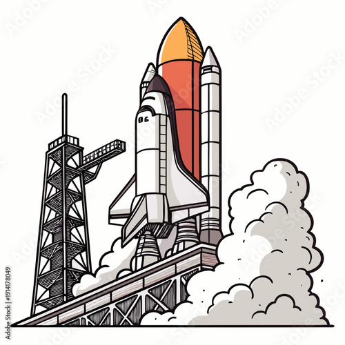 Cartoon style shuttle launch from platform with smoke