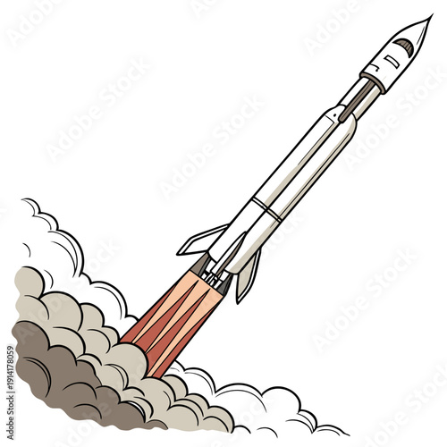 Cartoon style launch vehicle rocket taking off with smoke and flames