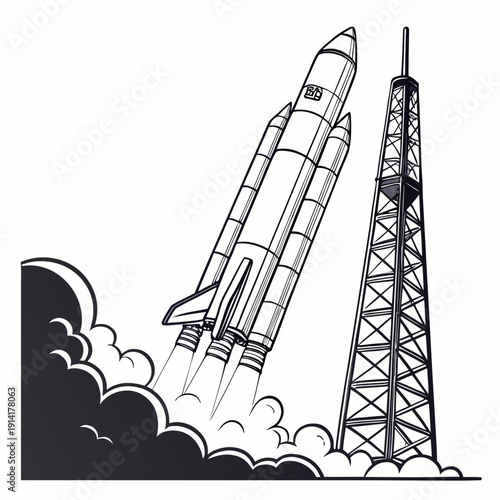 Black and white of a rocket launching from a tower