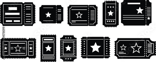 Black and white ticket stub collection vector illustration featuring vintage admission coupons with star icons isolated on light background for graphic design use