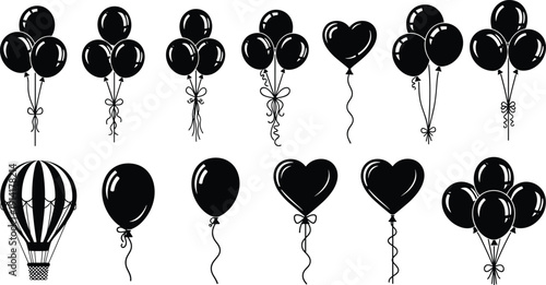 Black Balloon Collection with Heart Shapes and Hot Air Balloon Silhouettes, Vector Illustration Set for Party Decoration, Wedding, Birthday, and Romantic Celebration Design