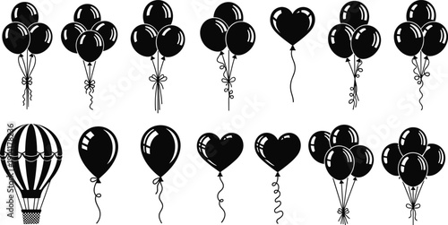 Black Balloon Silhouette Set Featuring Heart Balloons, Party Bouquets and Hot Air Balloon Icons for Birthday, Wedding, Anniversary Celebration Decorations Festive Design Elements
