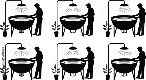 Aquaculture technician working at fish tank silhouette, indoor recirculating farming system, sustainable seafood production, hatchery care and water monitoring concept