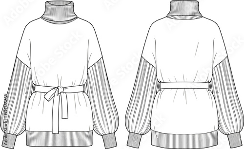 High Neck Oversized Sweater Fashion Vector Template with Belted Waist and Balloon Sleeves Featuring Front and Back Views for Mockups