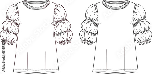 Female Puff Sleeve Top Fashion Technical Sketch Template Front and Back View White Blank Flat Apparel Mockup for Design Illustration