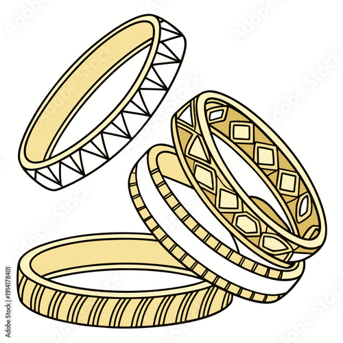 Gold bangle stacks with geometric patterns bangles