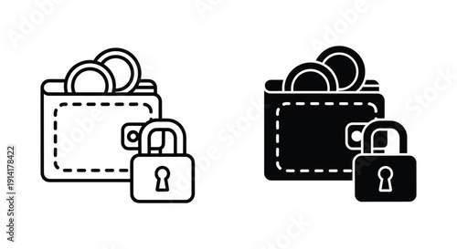 Secure wallet with padlock and coins icon set on white and black background