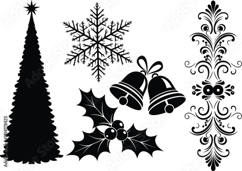Black Christmas silhouette collection featuring tree, snowflake, holly berries, jingle bells, and ornate floral pattern isolated on white background, festive holiday vector illustration set