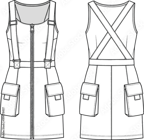 White Denim Overall Dress Fashion Vector Template with Front Zipper Utility Pockets and Cross Back Straps for Design Mockups