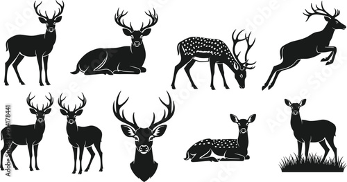 Black Deer Silhouette Vector Set Featuring Stag, Doe and Fawn in Various Poses, Wildlife Forest Animal Collection Isolated on White Background for Graphic Design Use