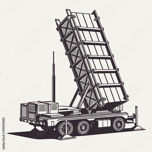 Black and white of a multi missile launcher on a truck