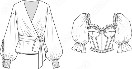 White Fashion Blouse Vector Set Featuring Long Sleeve Wrap Top with Waist Tie and Ruffled Puff Sleeve Corset Style Crop Top