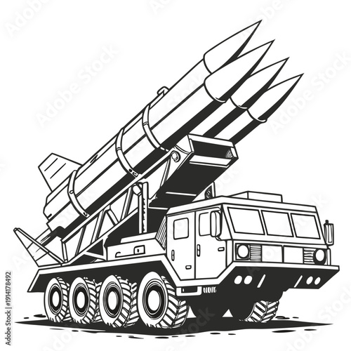 Black and white of a missile launcher truck vehicle