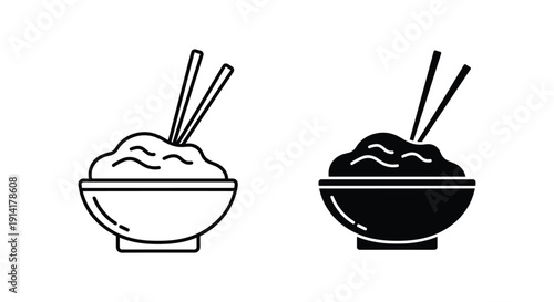 Bowl of Rice with Chopsticks in Simple Line Art Style
