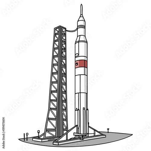 Advanced scientific space rocket on launchpad with service tower
