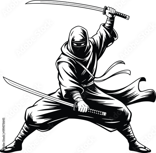 Ninja fighter silhouette wielding katana swords in aggressive stance, Japanese warrior for martial arts, stealth attack, action illustration