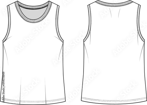 White Sleeveless Tank Top Fashion Vector Template with Front and Back Views Isolated on Background for Clothing Design and Mockup