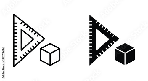 Set square and cube icon in black and white style