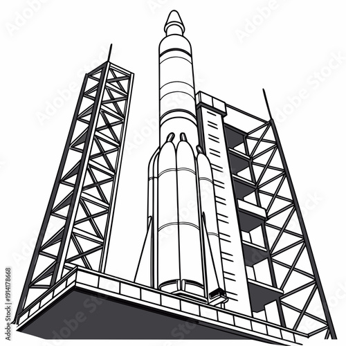 Black and white of rocket on launchpad with towers