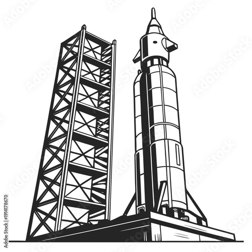 Black and white of space launch system with tower rocket