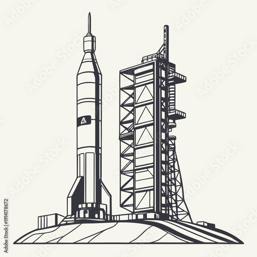 Black and white of space launch rocket on launchpad