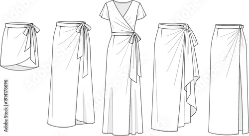 White Wrap Dress and Skirt Fashion Vector Set Featuring Various Lengths with Waist Tie Details Isolated for Clothing Design Mockups
