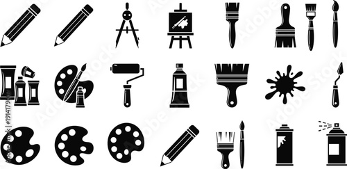 Collection of black paint and art tools icons including brushes, pencils, palette, spray can and easel isolated on white background vector set