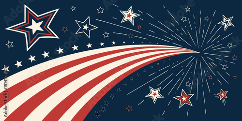 USA Independence Day banner featuring star shapes and linear stripes, abstract red white blue background with copy space, vector artwork.