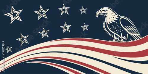 America Independence Day banner featuring stars and dynamic stripe lines, abstract USA background with copy space, patriotic red, white, blue vector design.