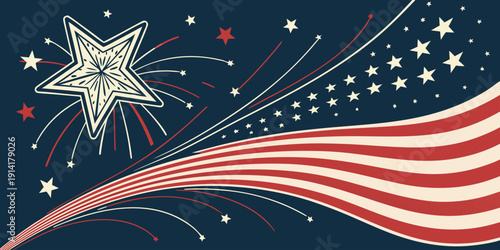 Independence Day banner design with American stars and stripes elements, abstract USA background, copy space area, red white blue vector style.