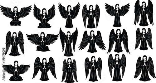 Collection of black praying angel silhouettes with spread wings, spiritual guardian figures in prayer pose, monochrome vector illustration set isolated on white background