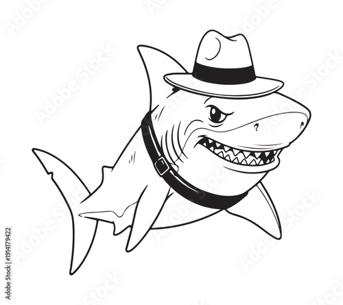 Cartoon shark wearing a fedora hat and a black belt
