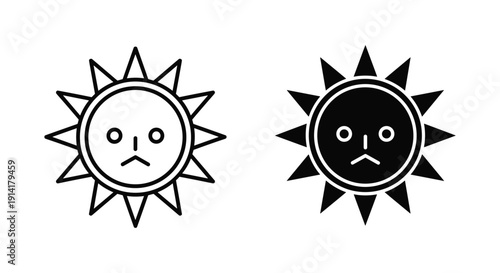 Sad sun icons in black and white with frowning face