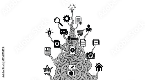 Black and white tangled cords with various technology business communication